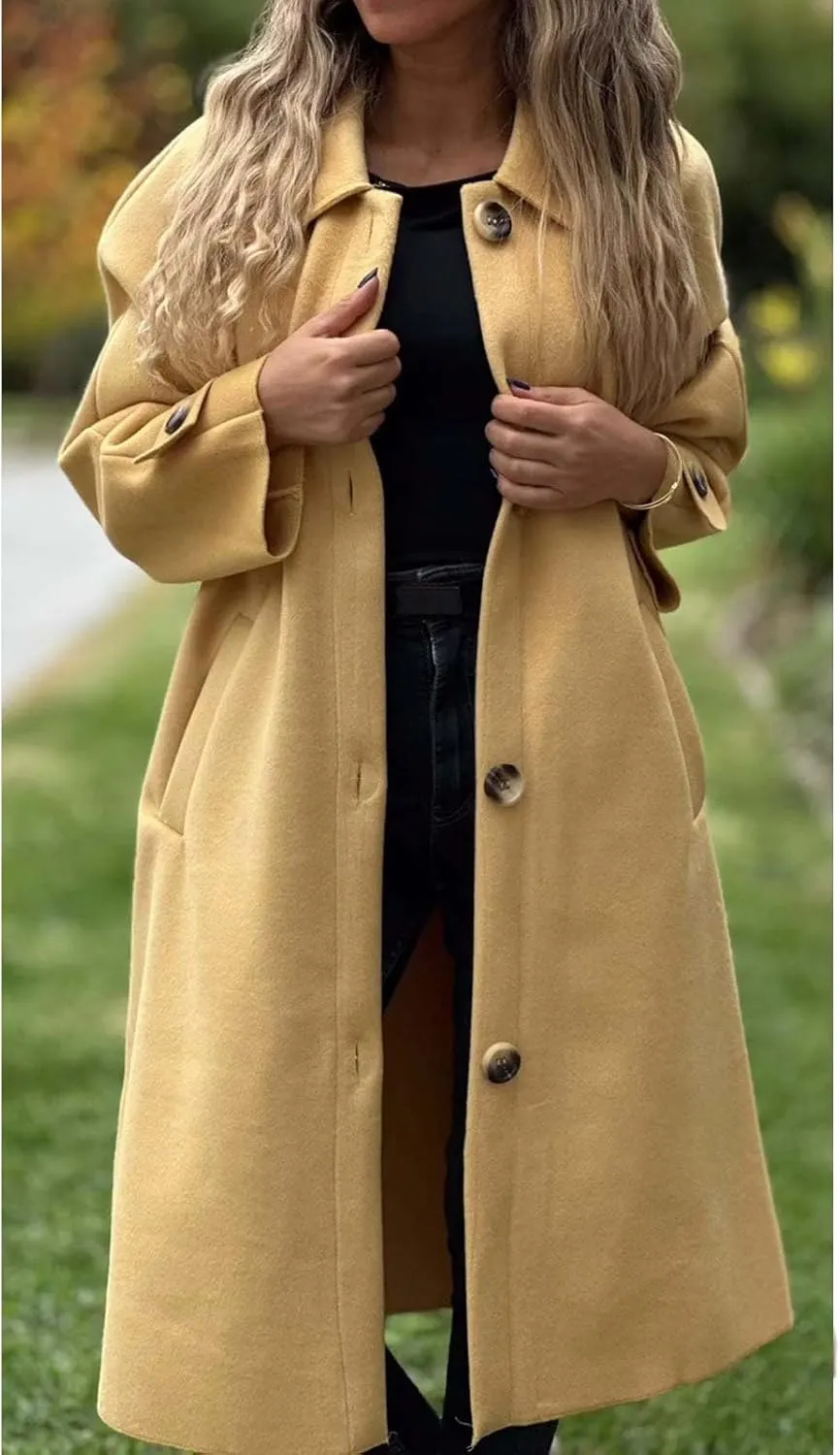 Womens Pea Coat Wool Blend Long Trench Coat Single Breasted Lapel Collar Peacoat Fall Winter Elegant Outerwear