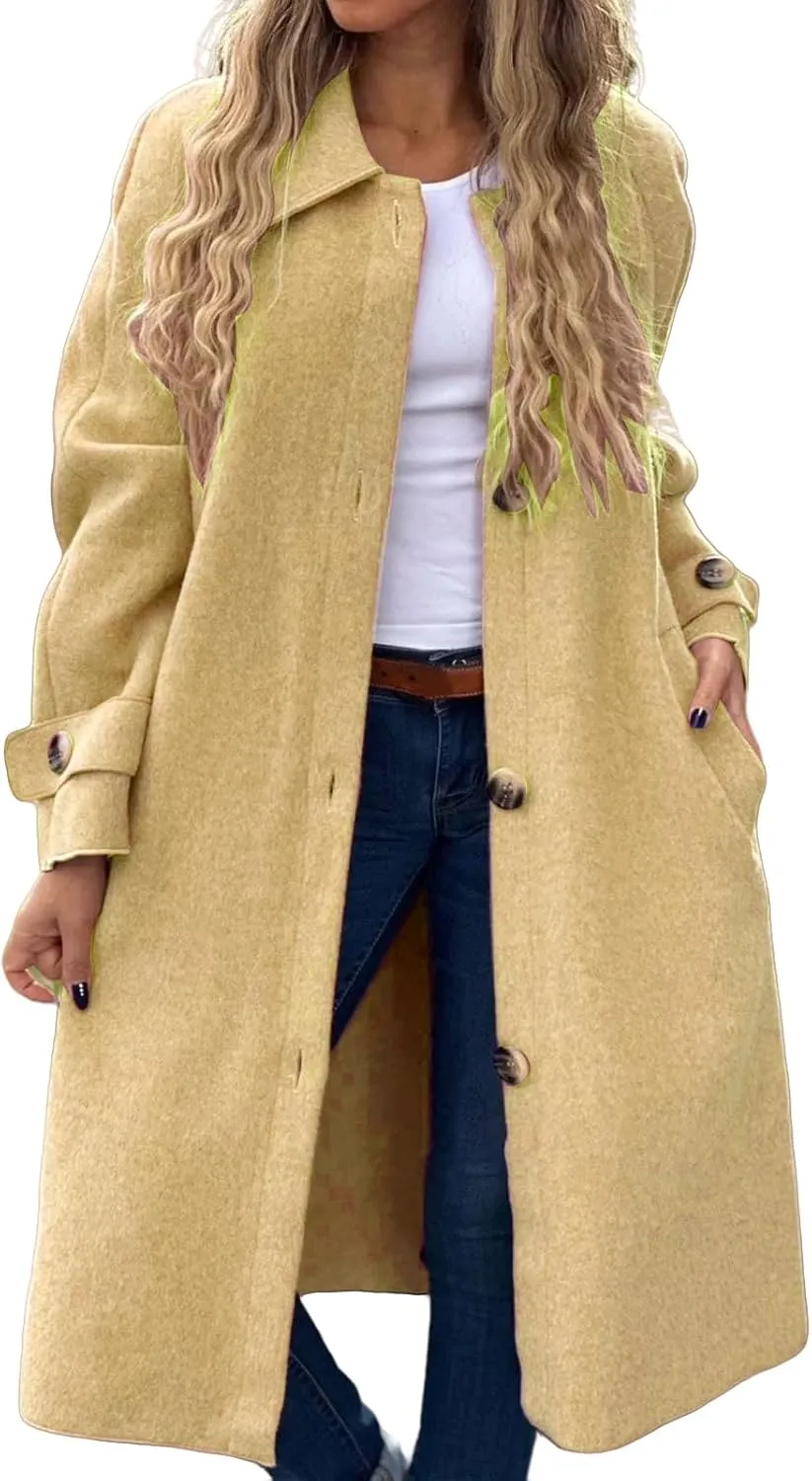 Womens Pea Coat Wool Blend Long Trench Coat Single Breasted Lapel Collar Peacoat Fall Winter Elegant Outerwear