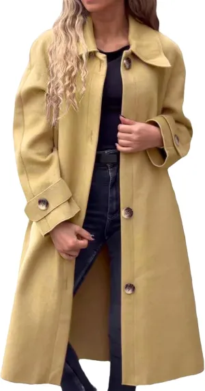 Womens Pea Coat Wool Blend Long Trench Coat Single Breasted Lapel Collar Peacoat Fall Winter Elegant Outerwear
