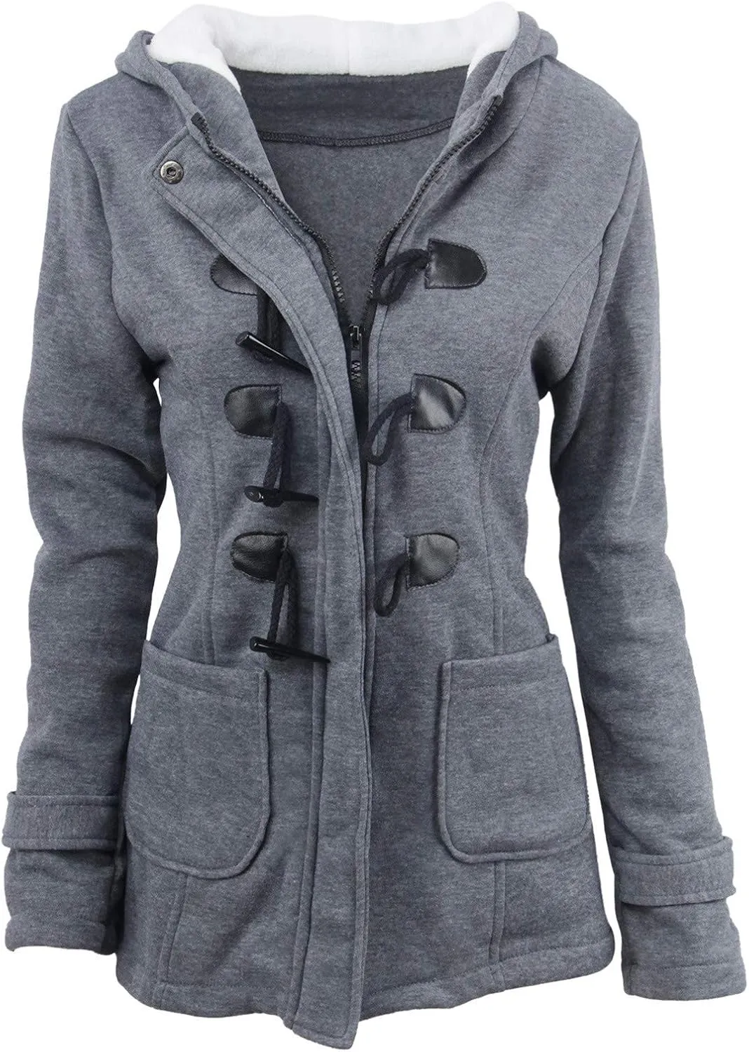 Womens Plus Size Horn Button Fleece Thicken Coat with Hood Winter Warm Jacket 2023 Fashion Casual Outerwear