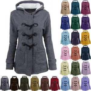 Womens Plus Size Horn Button Fleece Thicken Coat with Hood Winter Warm Jacket 2023 Fashion Casual Outerwear