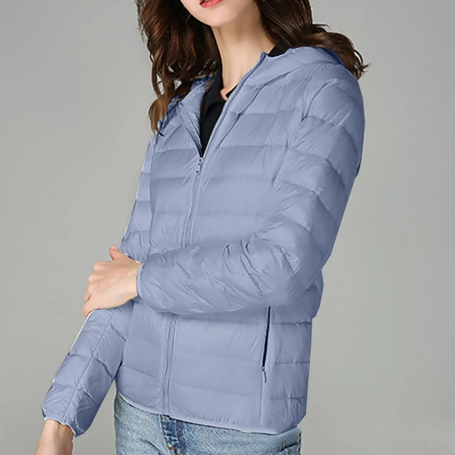 Women's Puffer Jacket Packable Quilted Lightweight Down Jacket Plus Size Short Bubble Coat Light Winter Hooded Coat