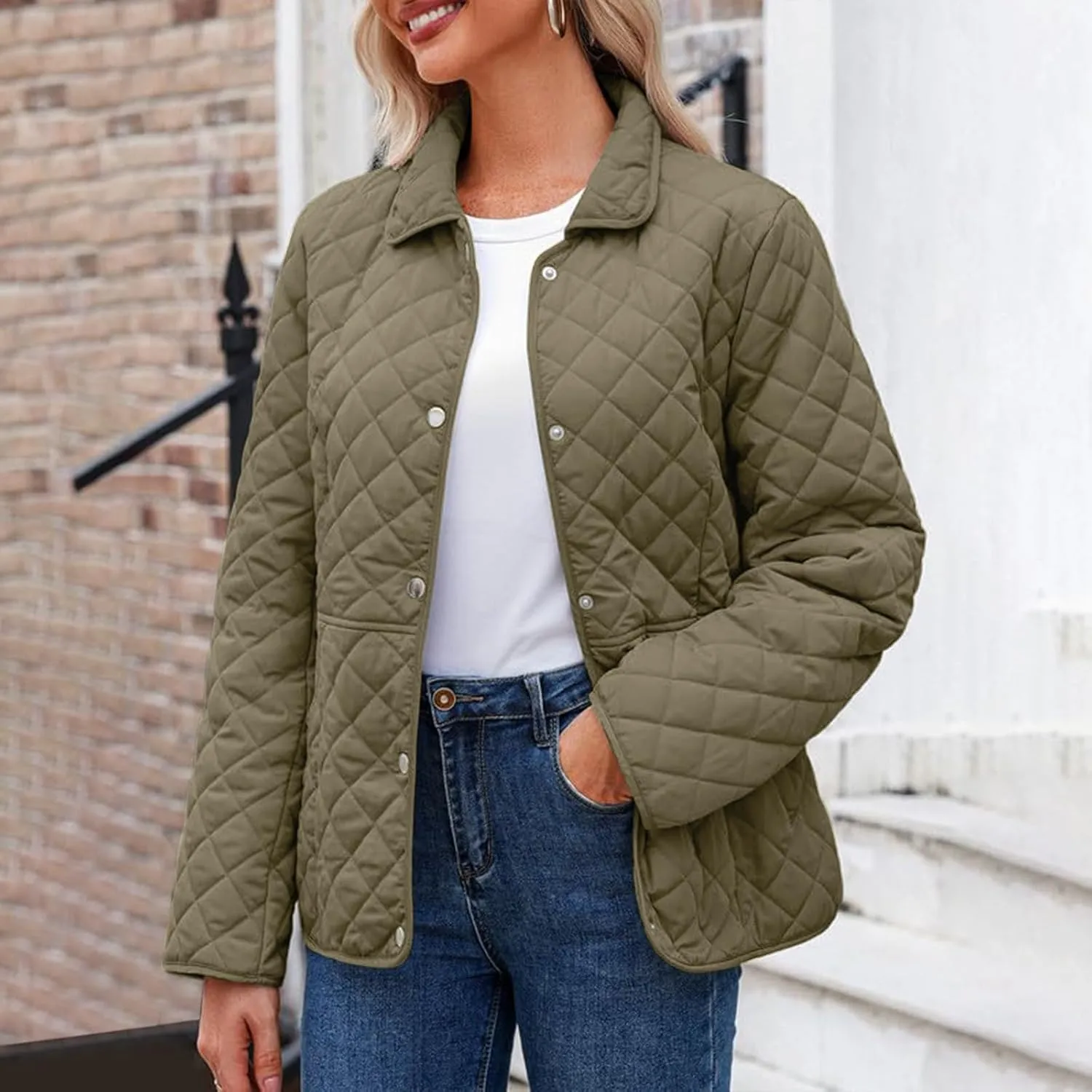 Womens Quilted Jackets Lightweight Casual Long Sleeve Button Down Lapel Puffer Coat Fall Winter Solid Color Warm Top