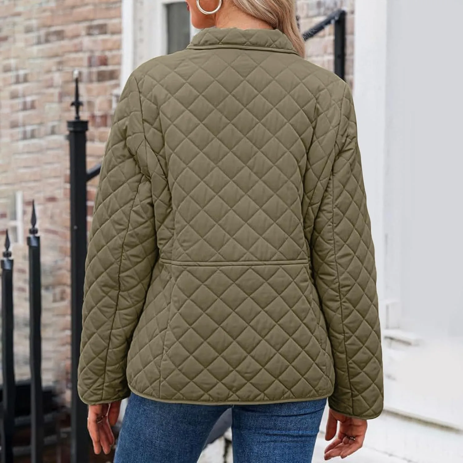 Womens Quilted Jackets Lightweight Casual Long Sleeve Button Down Lapel Puffer Coat Fall Winter Solid Color Warm Top