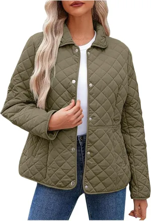 Womens Quilted Jackets Lightweight Casual Long Sleeve Button Down Lapel Puffer Coat Fall Winter Solid Color Warm Top
