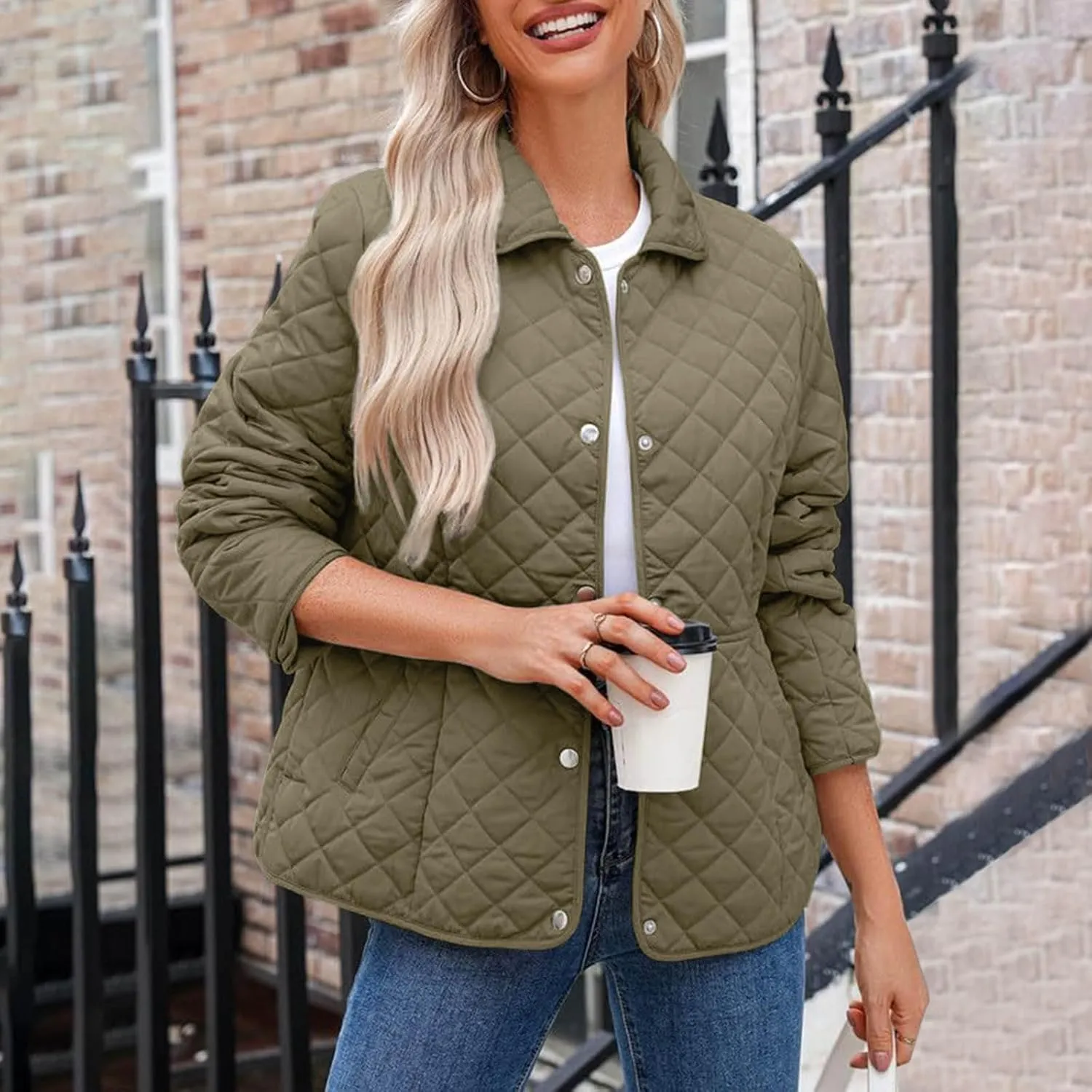 Womens Quilted Jackets Lightweight Casual Long Sleeve Button Down Lapel Puffer Coat Fall Winter Solid Color Warm Top