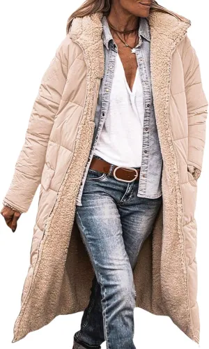 Women's Reversible Jackets with Hood Oversized Shearling Fleece Long Coats Winter Casual Fashion Clothes