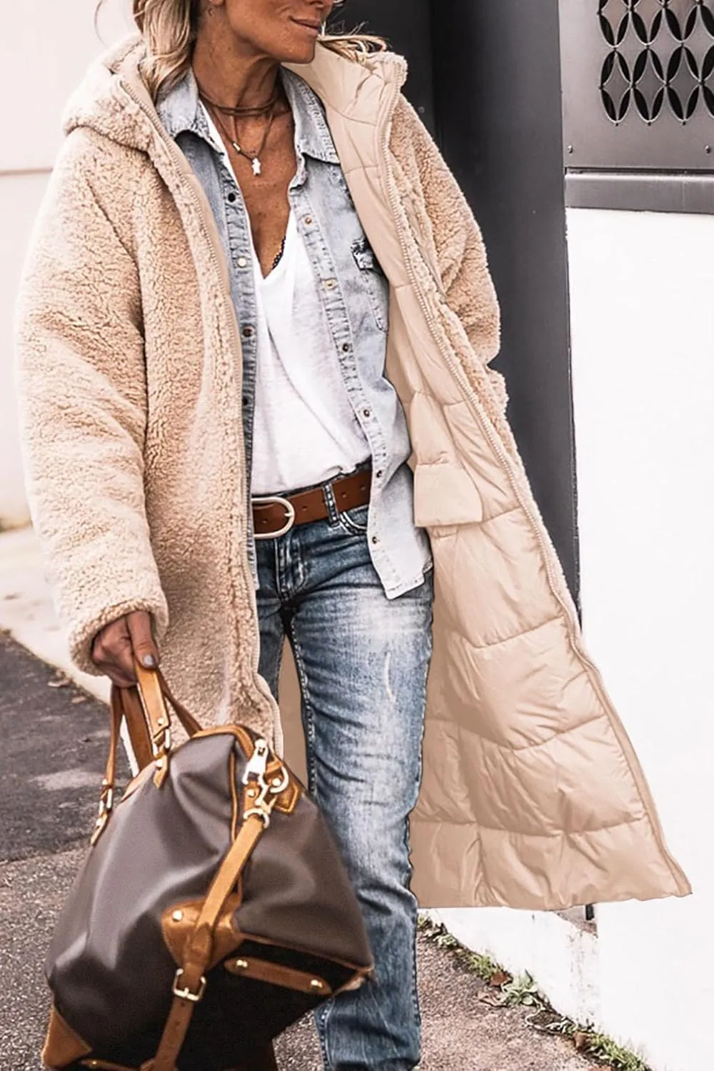 Women's Reversible Jackets with Hood Oversized Shearling Fleece Long Coats Winter Casual Fashion Clothes