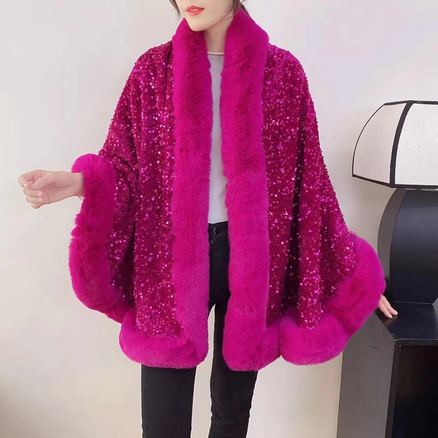 Womens Sequins Shiny Shawl Wrap Faux Fur Trim Cape Winter Thicken Thermal Coat Cardigan Trendy Cloak for Cold Weather