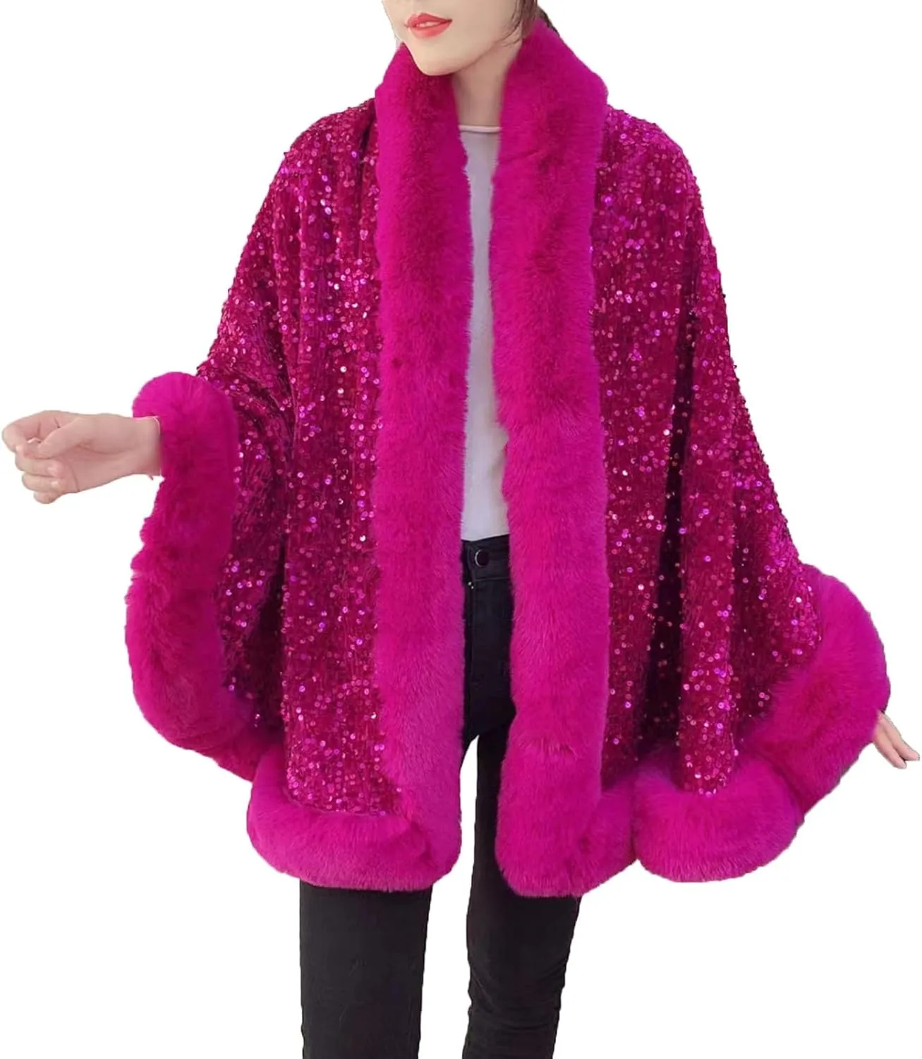 Womens Sequins Shiny Shawl Wrap Faux Fur Trim Cape Winter Thicken Thermal Coat Cardigan Trendy Cloak for Cold Weather