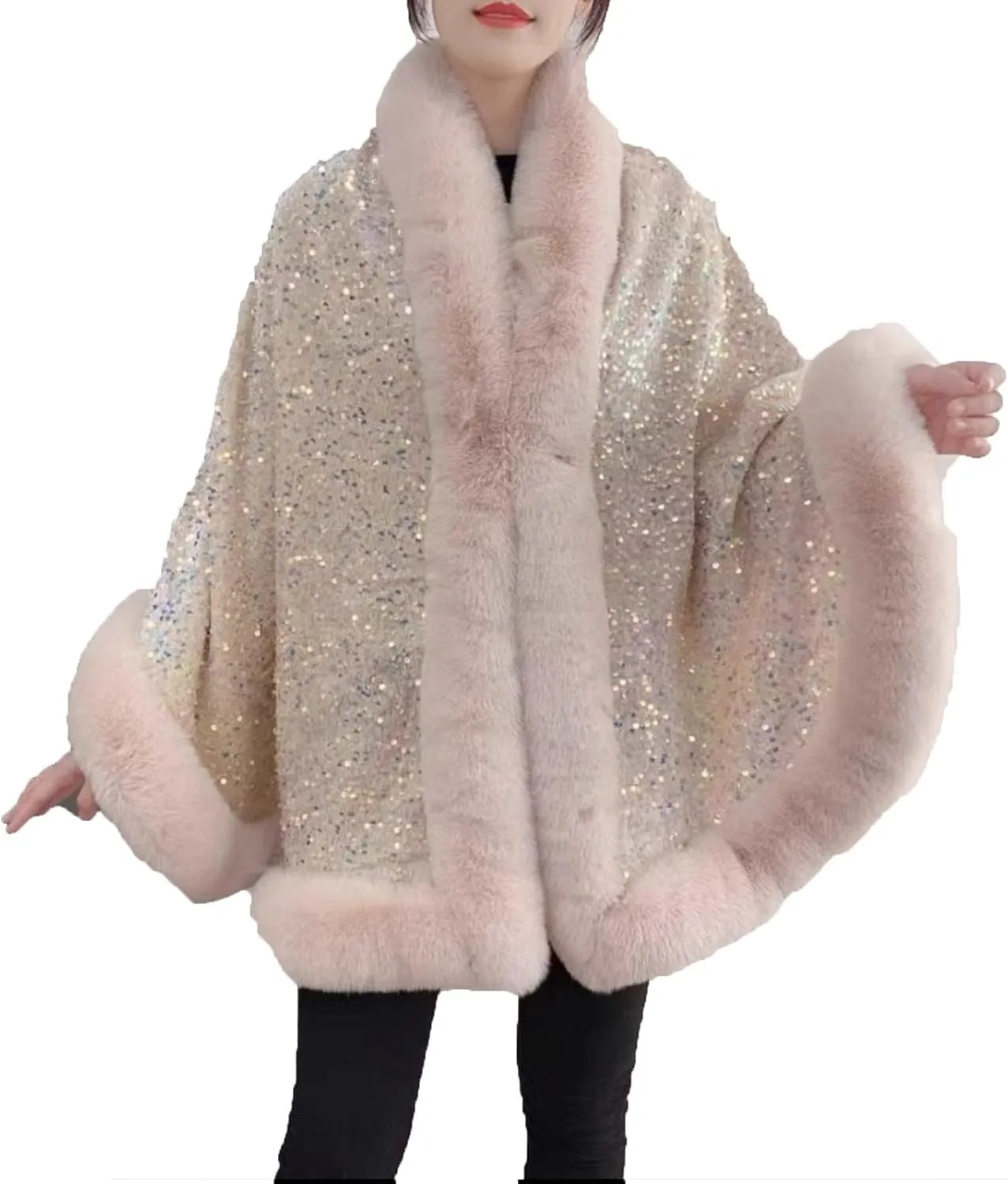 Womens Sequins Shiny Shawl Wrap Faux Fur Trim Cape Winter Thicken Thermal Coat Cardigan Trendy Cloak for Cold Weather