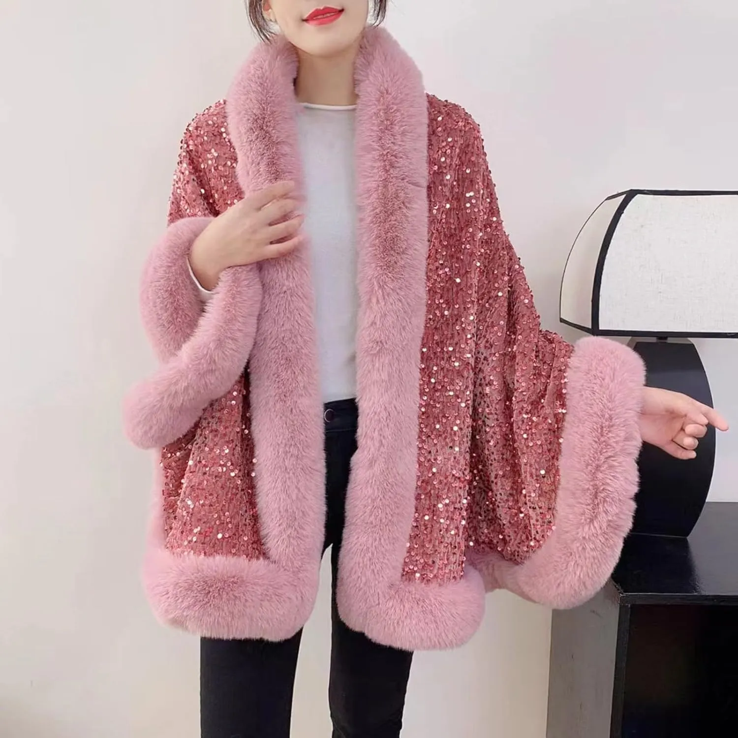 Womens Sequins Shiny Shawl Wrap Faux Fur Trim Cape Winter Thicken Thermal Coat Cardigan Trendy Cloak for Cold Weather