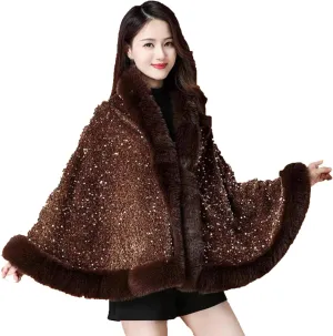 Womens Sequins Shiny Shawl Wrap Faux Fur Trim Cape Winter Thicken Thermal Coat Cardigan Trendy Cloak for Cold Weather