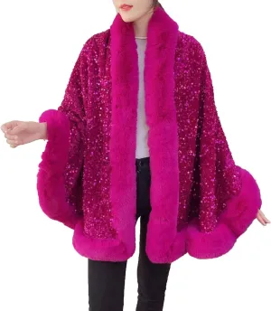 Womens Sequins Shiny Shawl Wrap Faux Fur Trim Cape Winter Thicken Thermal Coat Cardigan Trendy Cloak for Cold Weather