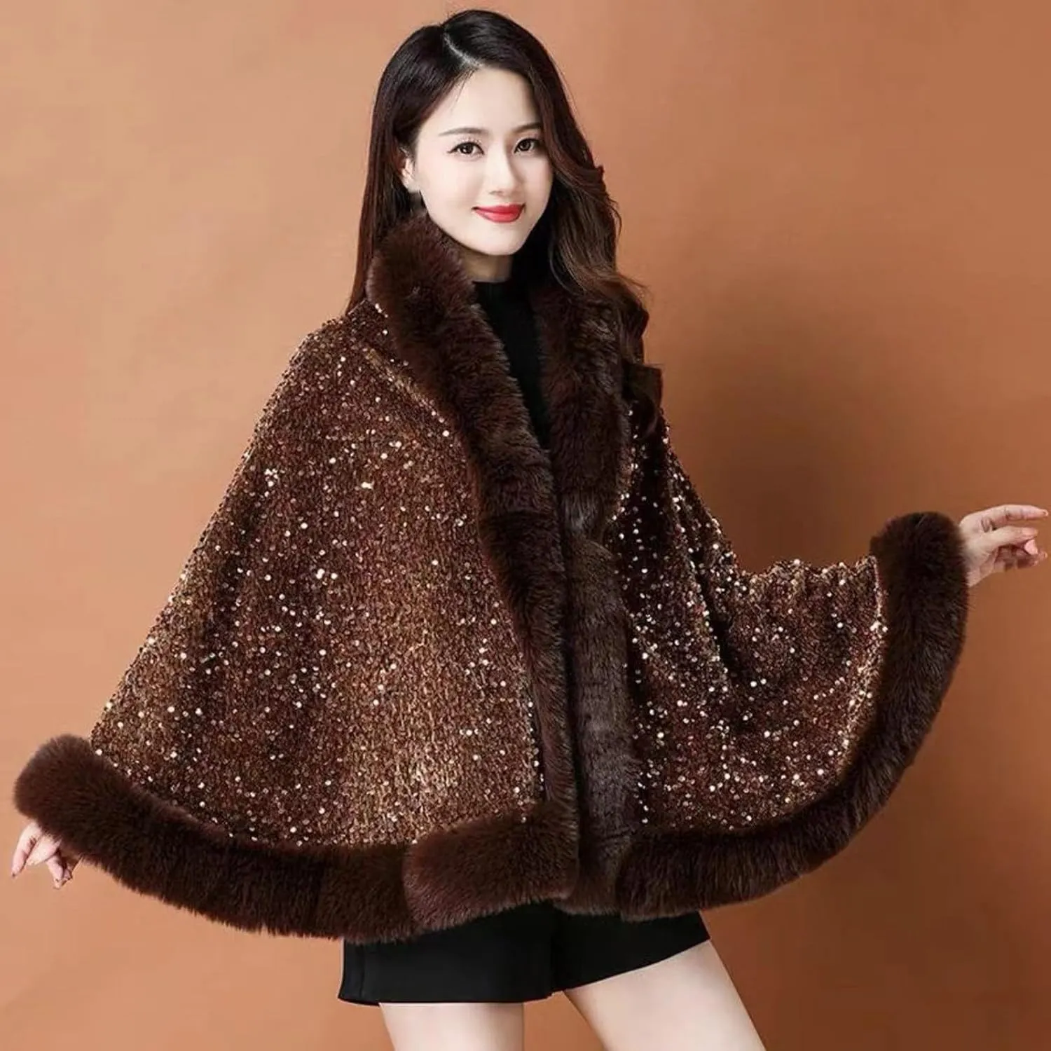 Womens Sequins Shiny Shawl Wrap Faux Fur Trim Cape Winter Thicken Thermal Coat Cardigan Trendy Cloak for Cold Weather