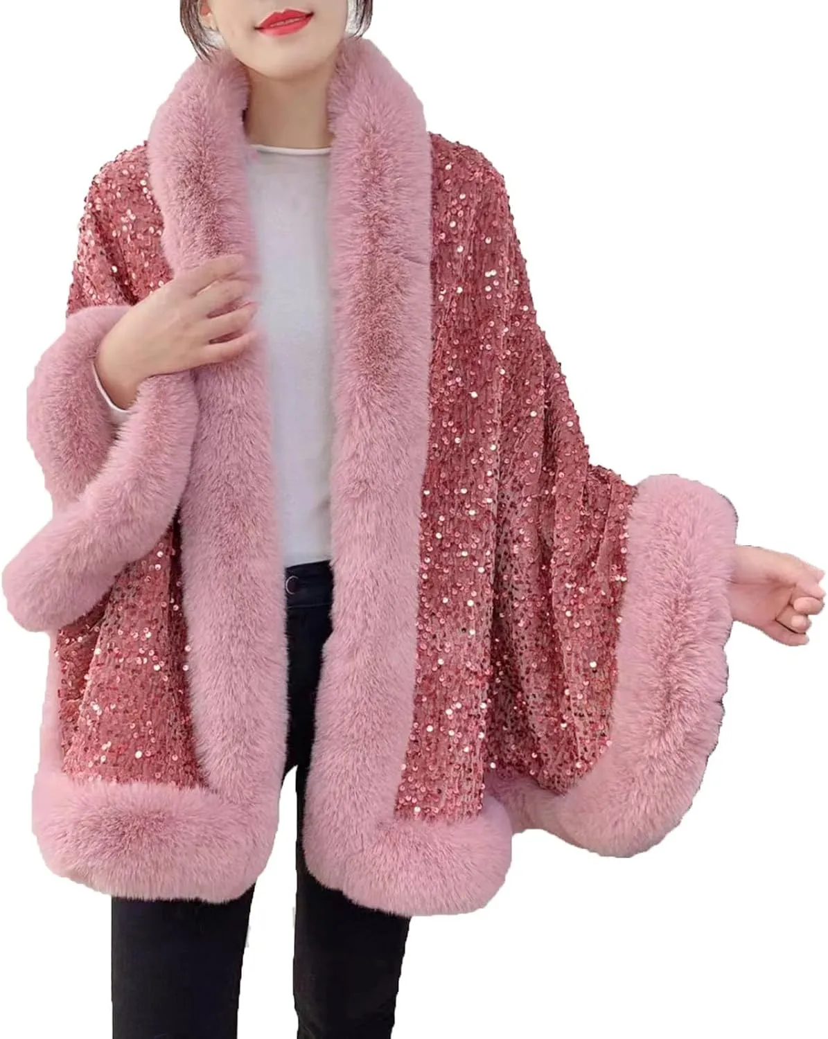 Womens Sequins Shiny Shawl Wrap Faux Fur Trim Cape Winter Thicken Thermal Coat Cardigan Trendy Cloak for Cold Weather