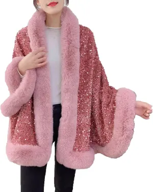 Womens Sequins Shiny Shawl Wrap Faux Fur Trim Cape Winter Thicken Thermal Coat Cardigan Trendy Cloak for Cold Weather