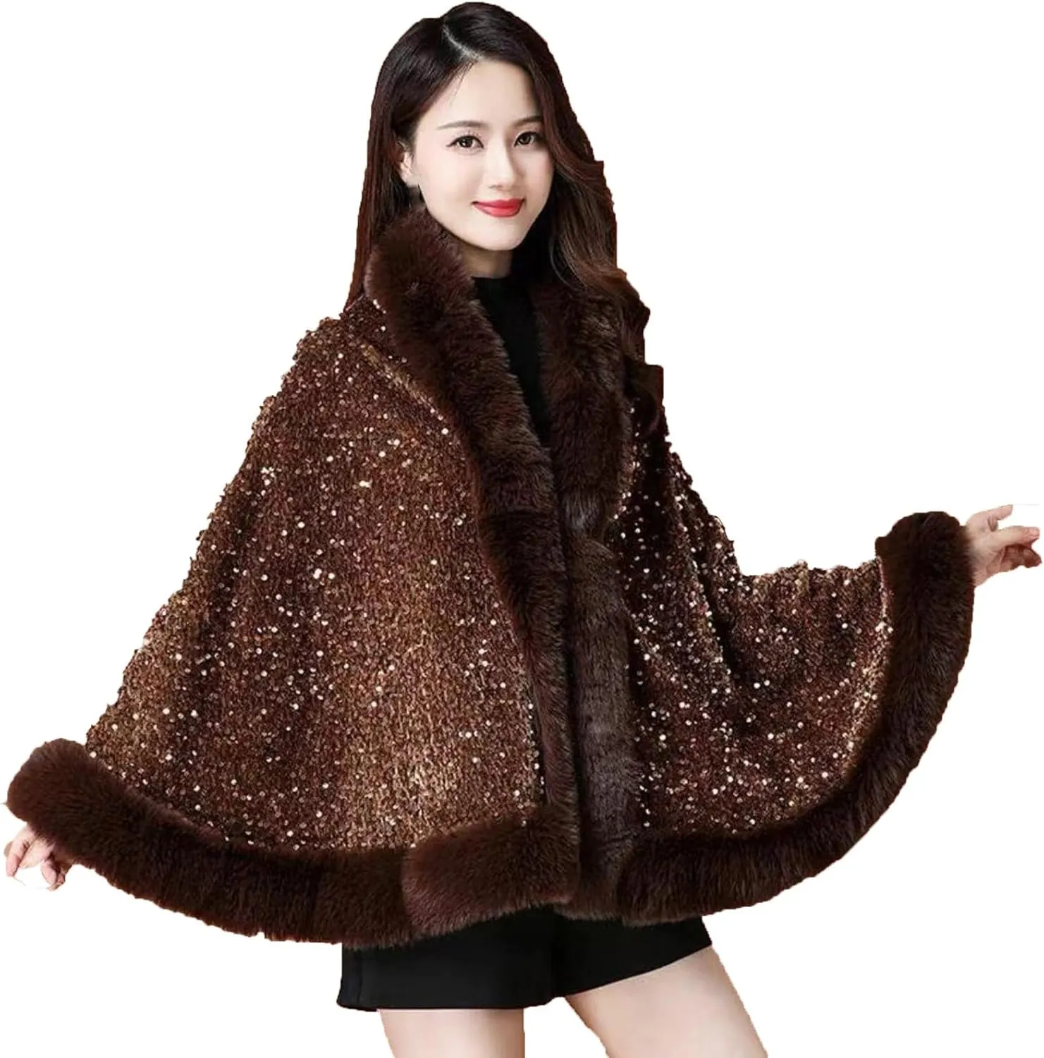 Womens Sequins Shiny Shawl Wrap Faux Fur Trim Cape Winter Thicken Thermal Coat Cardigan Trendy Cloak for Cold Weather