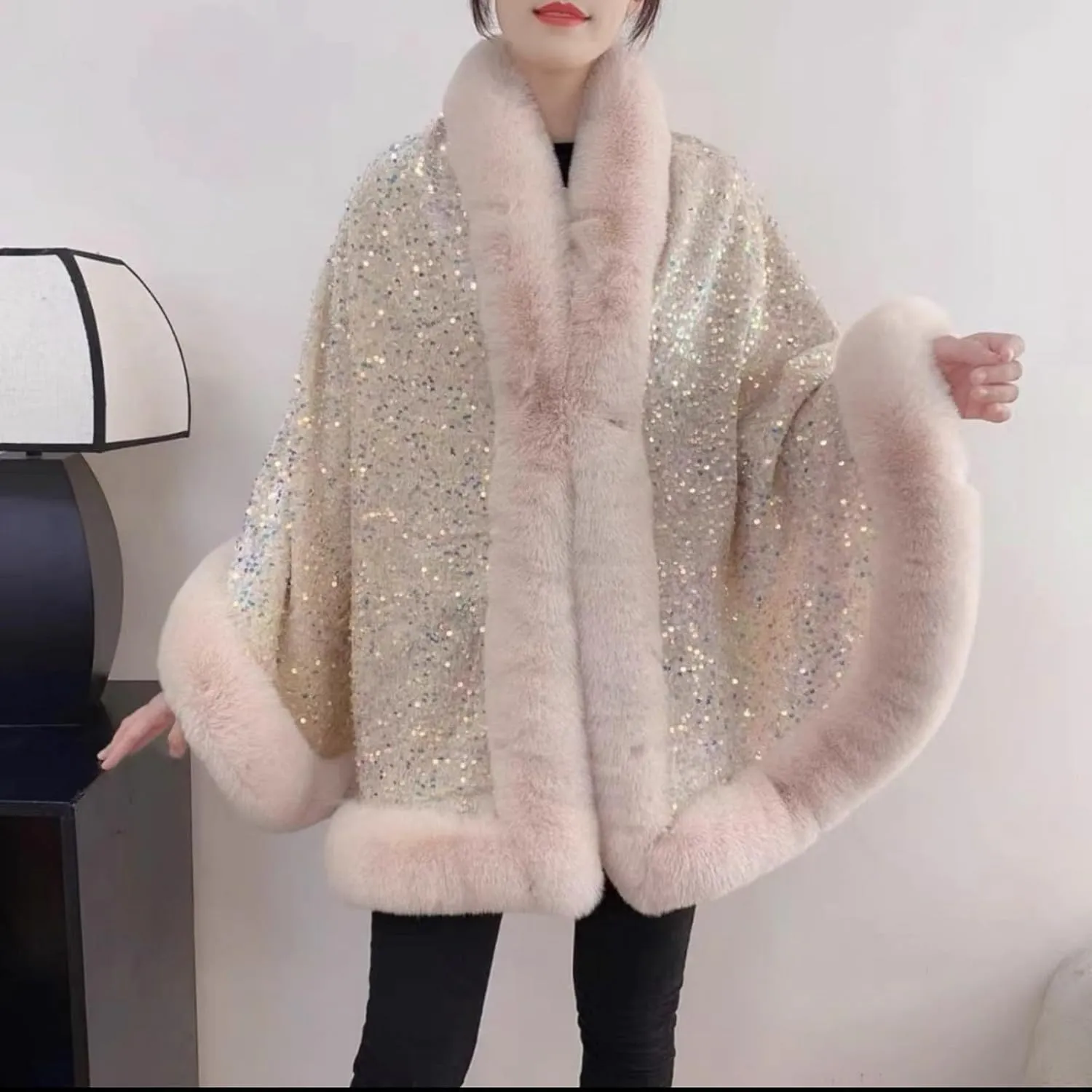 Womens Sequins Shiny Shawl Wrap Faux Fur Trim Cape Winter Thicken Thermal Coat Cardigan Trendy Cloak for Cold Weather