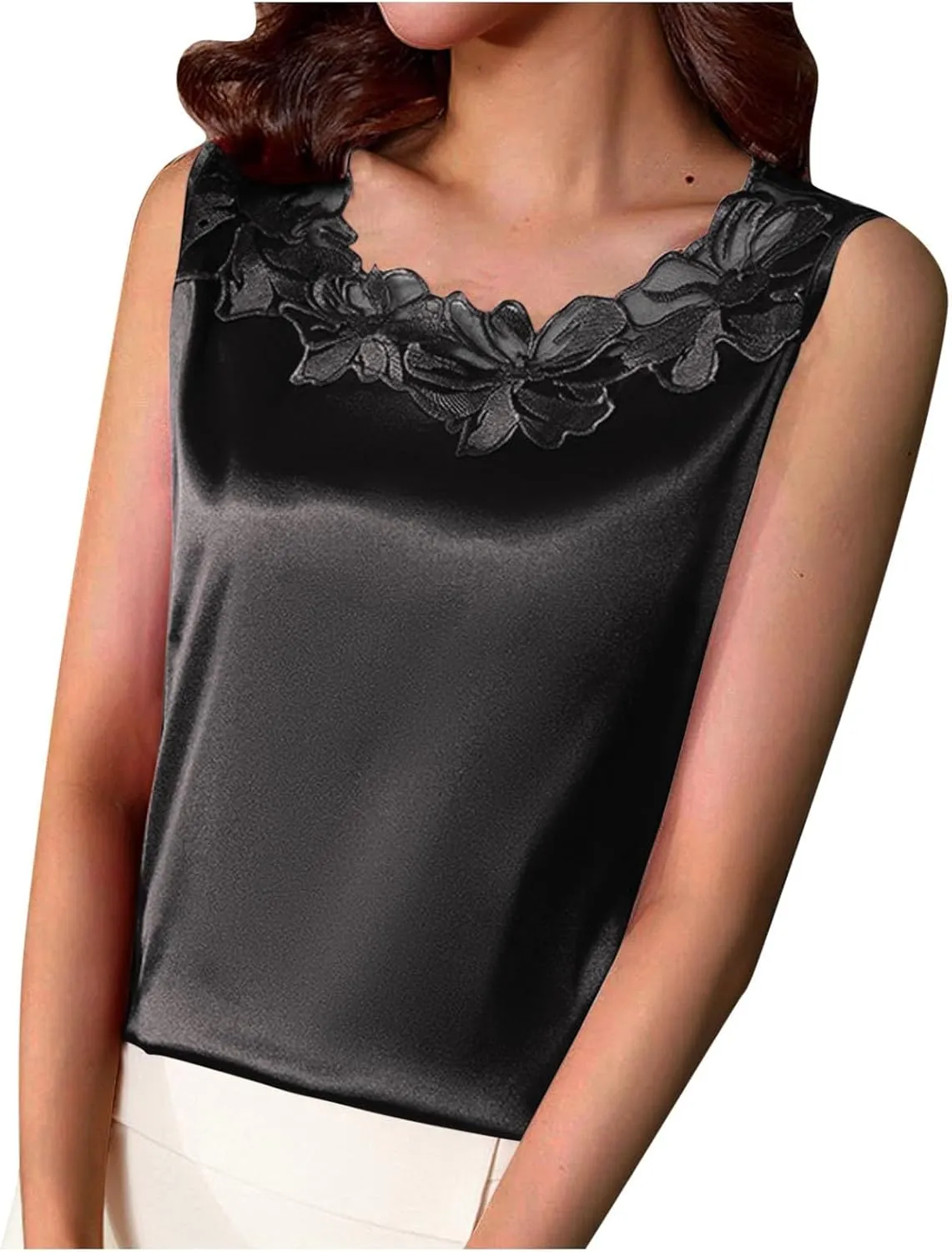 Womens Silk Satin Tank Tops Crew Neck Casual Cami Sleeveless Camisole Blouses Summer Ladies Dressy Basic Tee Shirt