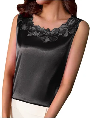 Womens Silk Satin Tank Tops Crew Neck Casual Cami Sleeveless Camisole Blouses Summer Ladies Dressy Basic Tee Shirt