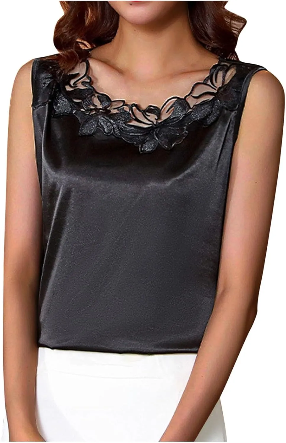 Womens Silk Satin Tank Tops Crew Neck Casual Cami Sleeveless Camisole Blouses Summer Ladies Dressy Basic Tee Shirt