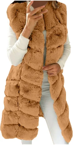 Women's Sleeveless Faux Fox Fur Vest Long Coat Ladies Mid-length Warmer Outwear Jacket Fashion Solid Color Tops