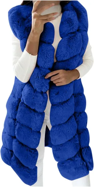 Women's Sleeveless Faux Fox Fur Vest Long Coat Ladies Mid-length Warmer Outwear Jacket Fashion Solid Color Tops