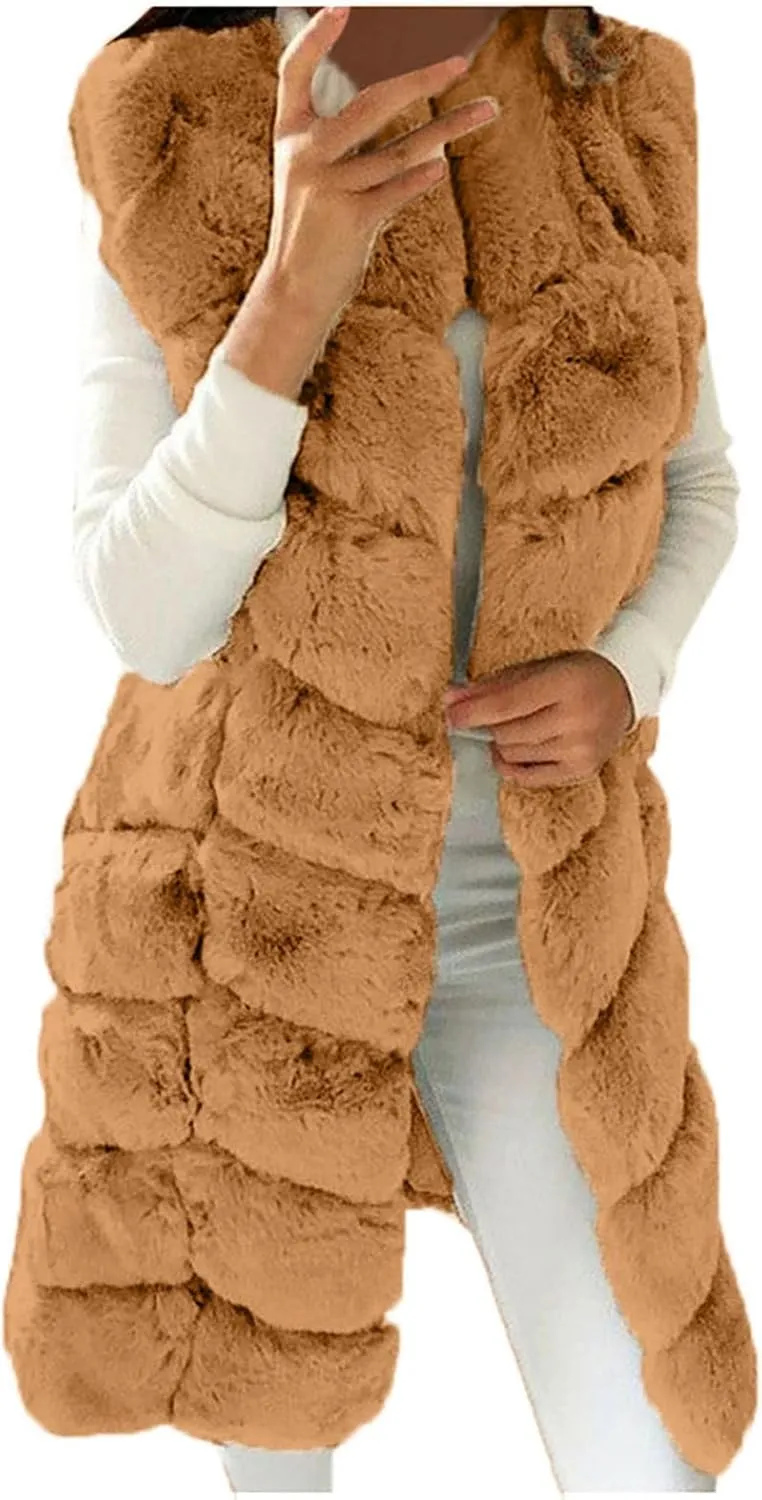 Women's Sleeveless Faux Fox Fur Vest Long Coat Ladies Mid-length Warmer Outwear Jacket Fashion Solid Color Tops