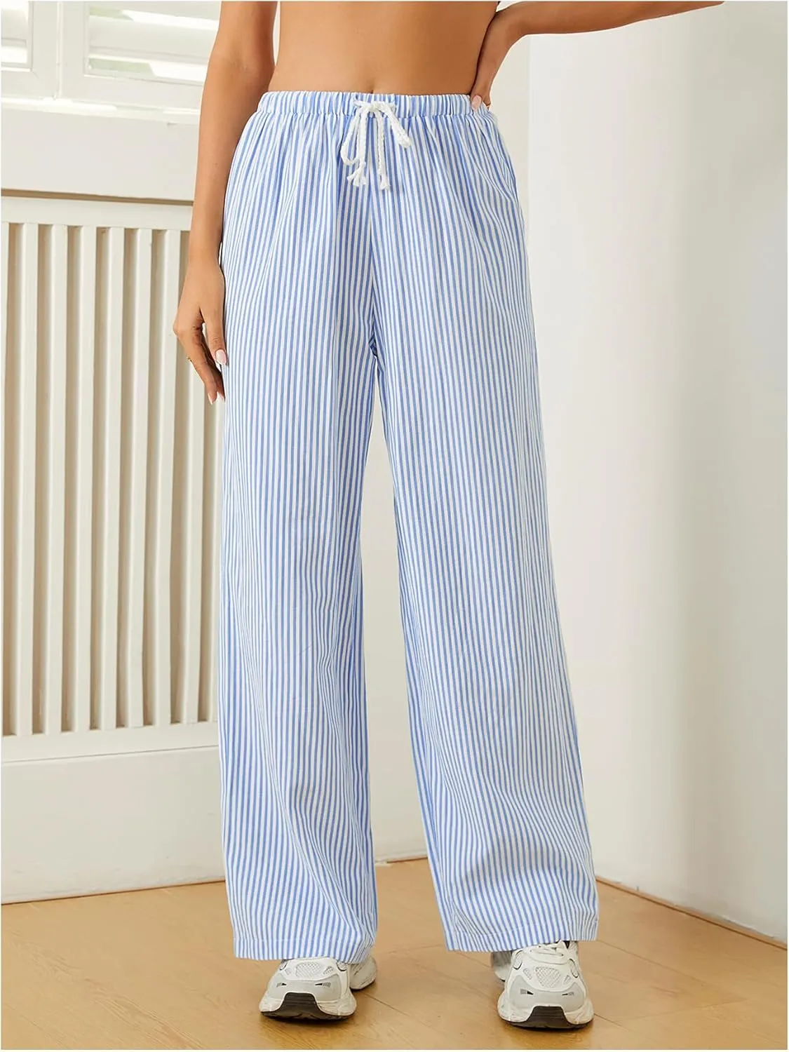 Women's Striped Print Straight Wide Leg Linen Pants Drawstring Waist Slant Pockets Pants Casual Long Pants