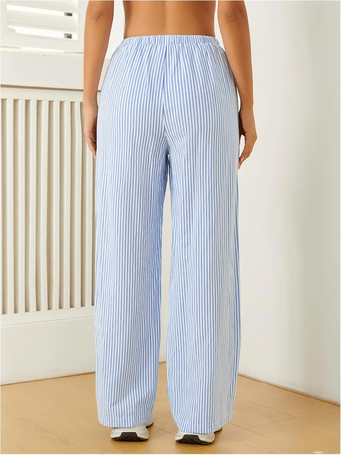 Women's Striped Print Straight Wide Leg Linen Pants Drawstring Waist Slant Pockets Pants Casual Long Pants