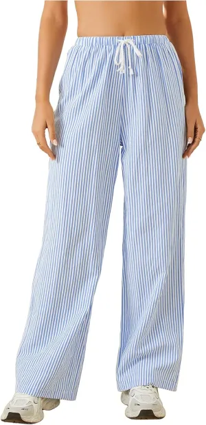 Women's Striped Print Straight Wide Leg Linen Pants Drawstring Waist Slant Pockets Pants Casual Long Pants