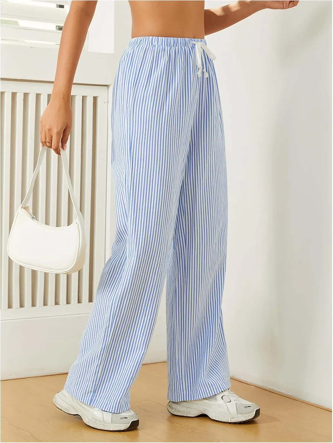 Women's Striped Print Straight Wide Leg Linen Pants Drawstring Waist Slant Pockets Pants Casual Long Pants