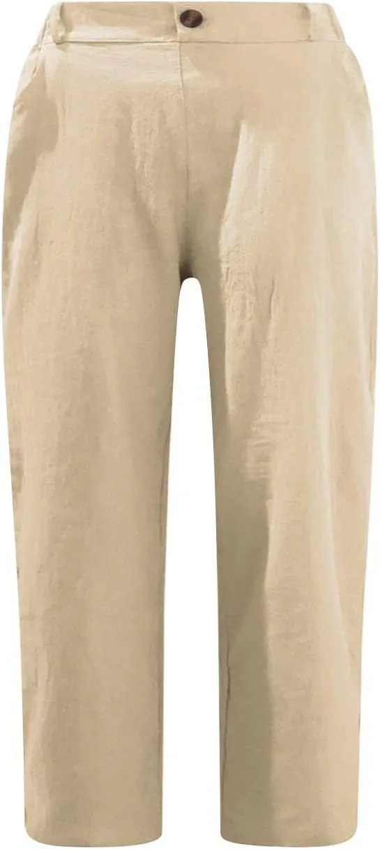 Women's Summer Capri Pants 2025 Cotton Linen Straight Leg Cropped Trousers High Waist Casual Pant with Pockets