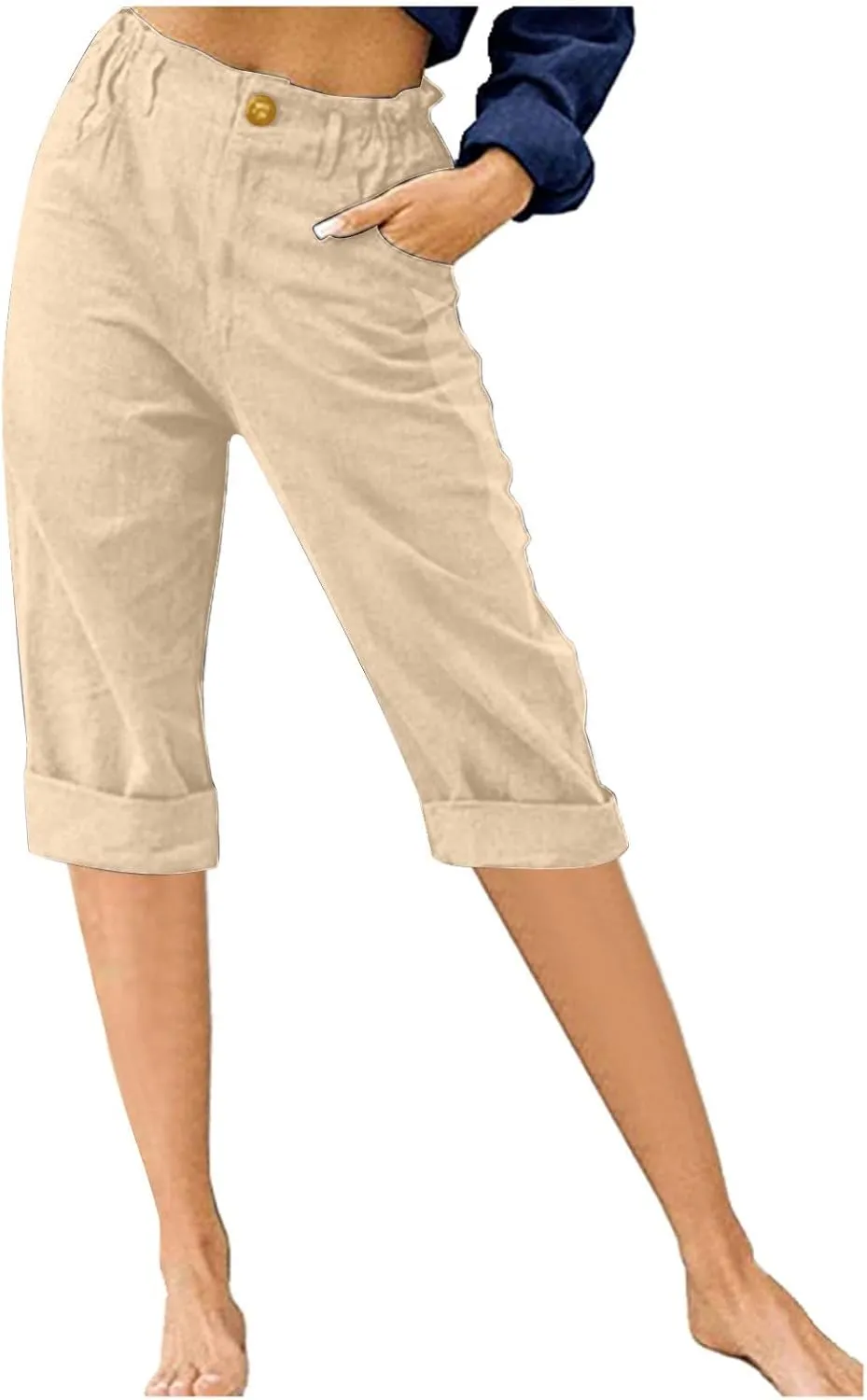 Women's Summer Capri Pants 2025 Cotton Linen Straight Leg Cropped Trousers High Waist Casual Pant with Pockets