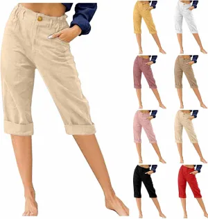 Women's Summer Capri Pants 2025 Cotton Linen Straight Leg Cropped Trousers High Waist Casual Pant with Pockets