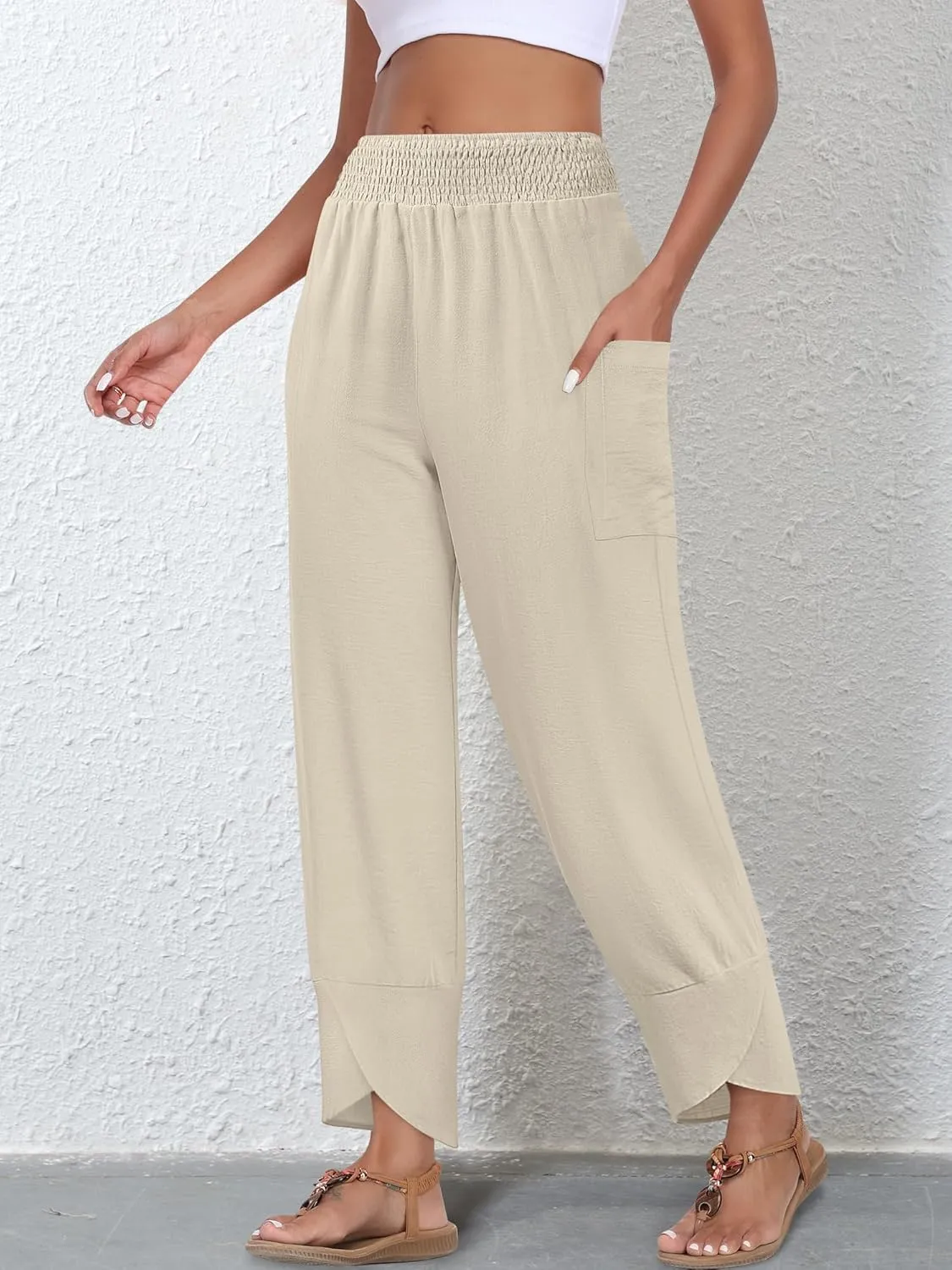 Women's Summer High Waisted Baggy Pants Wide Leg Linen Pants Casual Ankle Length Trouser Slacks with Pockets