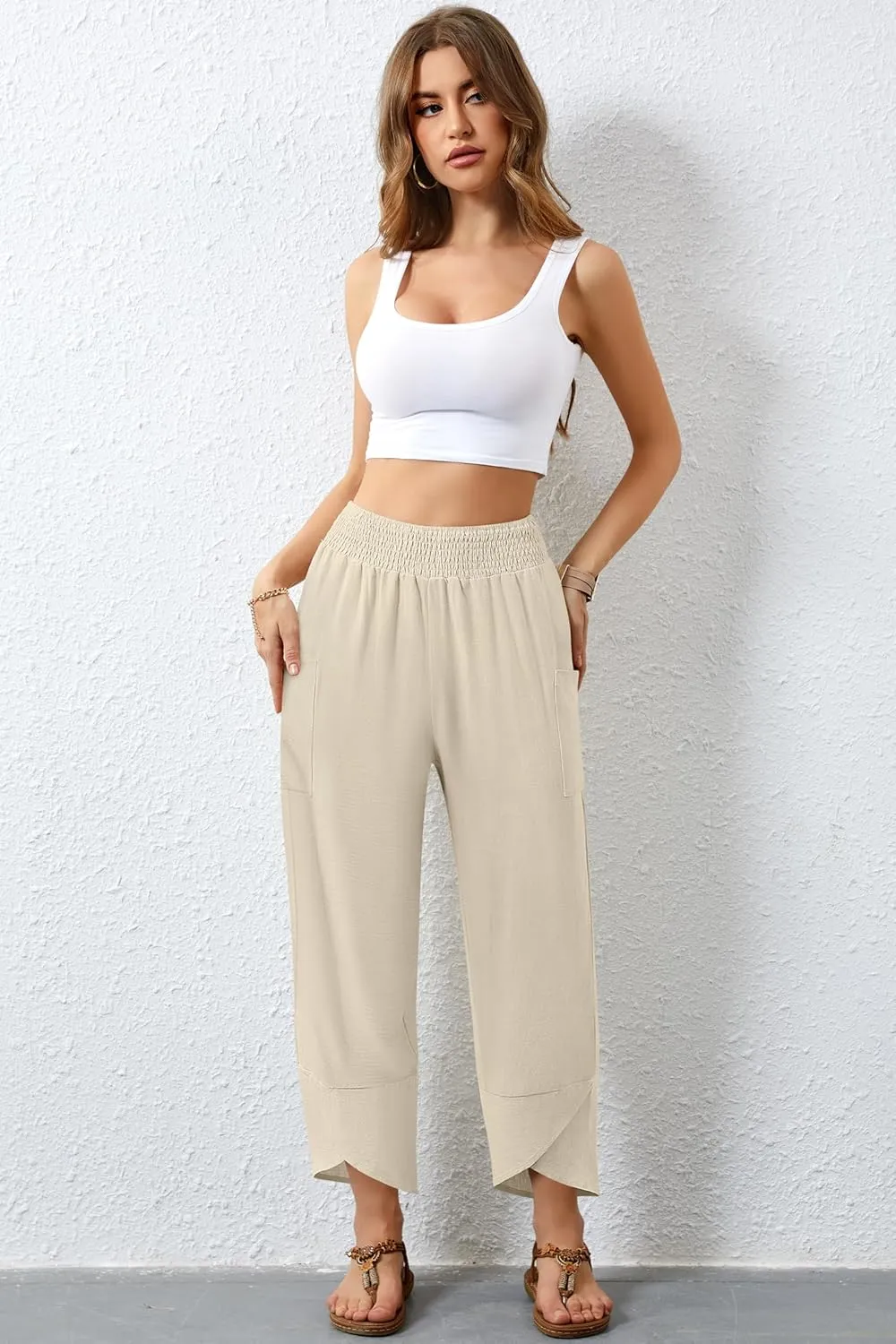 Women's Summer High Waisted Baggy Pants Wide Leg Linen Pants Casual Ankle Length Trouser Slacks with Pockets