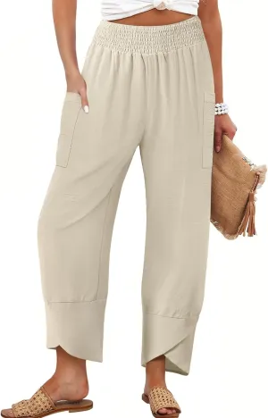 Women's Summer High Waisted Baggy Pants Wide Leg Linen Pants Casual Ankle Length Trouser Slacks with Pockets
