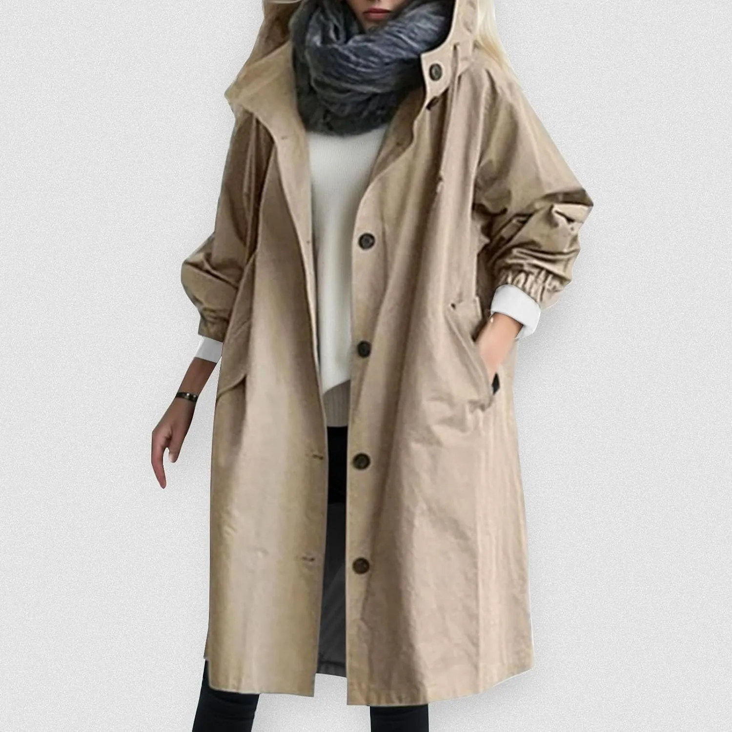 Womens Trench Coat Plus Size Waterproof Raincoat Lightweight Long Hooded Pea Coat Lined Windbreaker Elegant Jacket