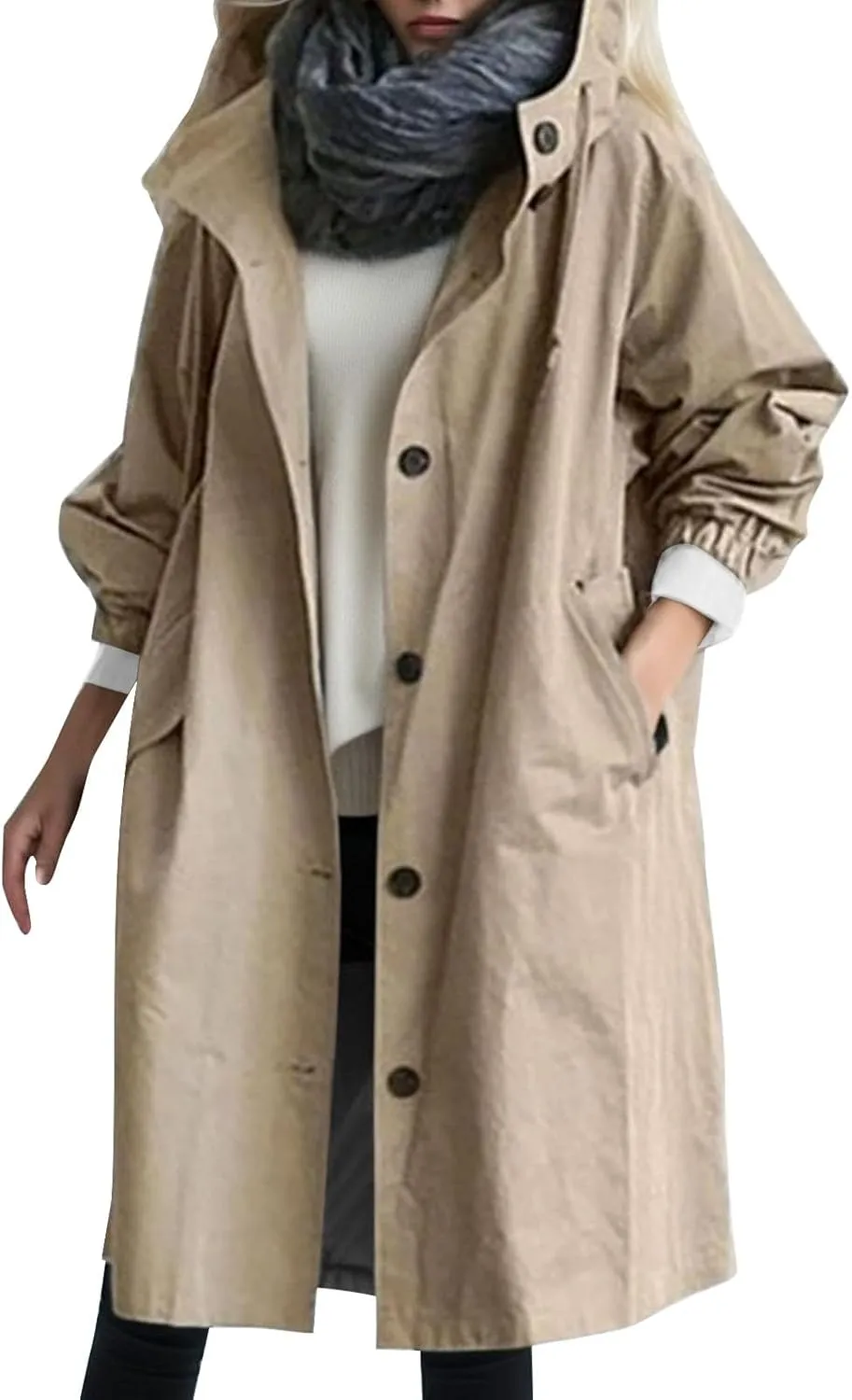 Womens Trench Coat Plus Size Waterproof Raincoat Lightweight Long Hooded Pea Coat Lined Windbreaker Elegant Jacket