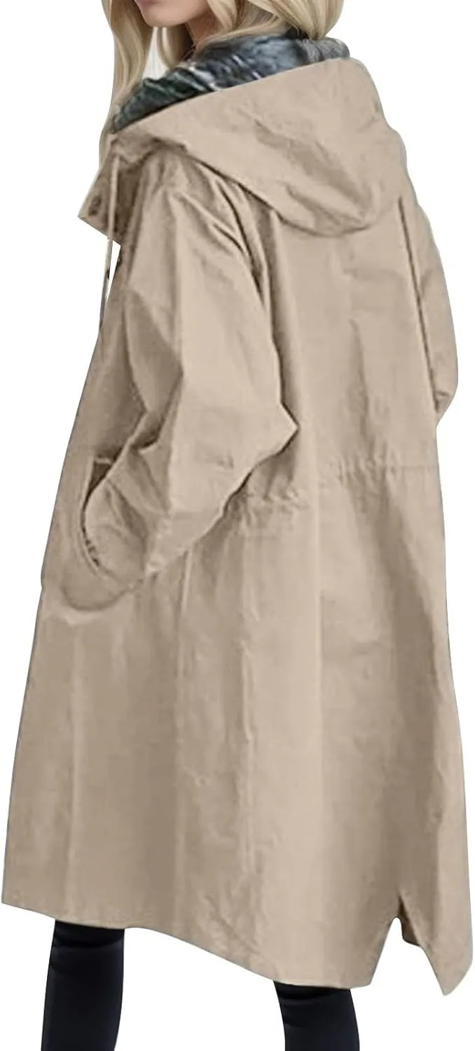Womens Trench Coat Plus Size Waterproof Raincoat Lightweight Long Hooded Pea Coat Lined Windbreaker Elegant Jacket