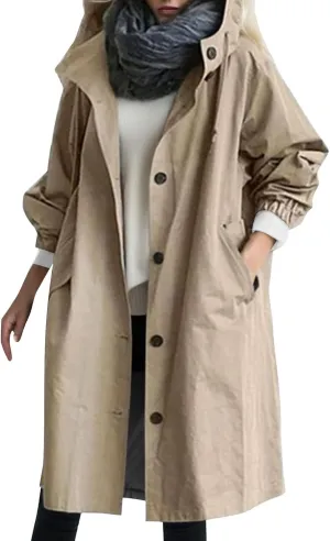 Womens Trench Coat Plus Size Waterproof Raincoat Lightweight Long Hooded Pea Coat Lined Windbreaker Elegant Jacket