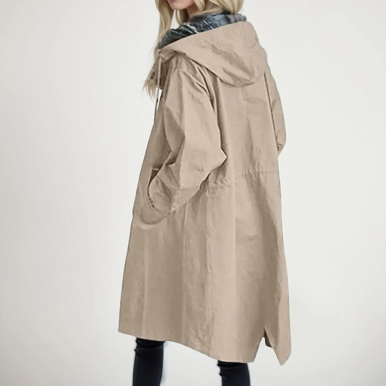 Womens Trench Coat Plus Size Waterproof Raincoat Lightweight Long Hooded Pea Coat Lined Windbreaker Elegant Jacket