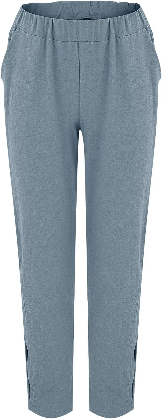 Women's Trendy Linen Pants Summer Casual Loose Elastic Waist Lounge Pants Hollow Out Yoga Beach Trousers with Pockets