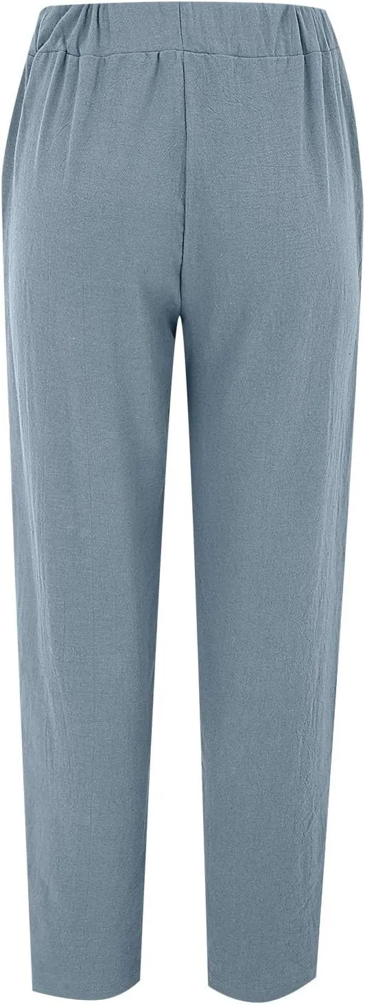 Women's Trendy Linen Pants Summer Casual Loose Elastic Waist Lounge Pants Hollow Out Yoga Beach Trousers with Pockets