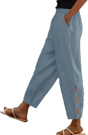 Women's Trendy Linen Pants Summer Casual Loose Elastic Waist Lounge Pants Hollow Out Yoga Beach Trousers with Pockets