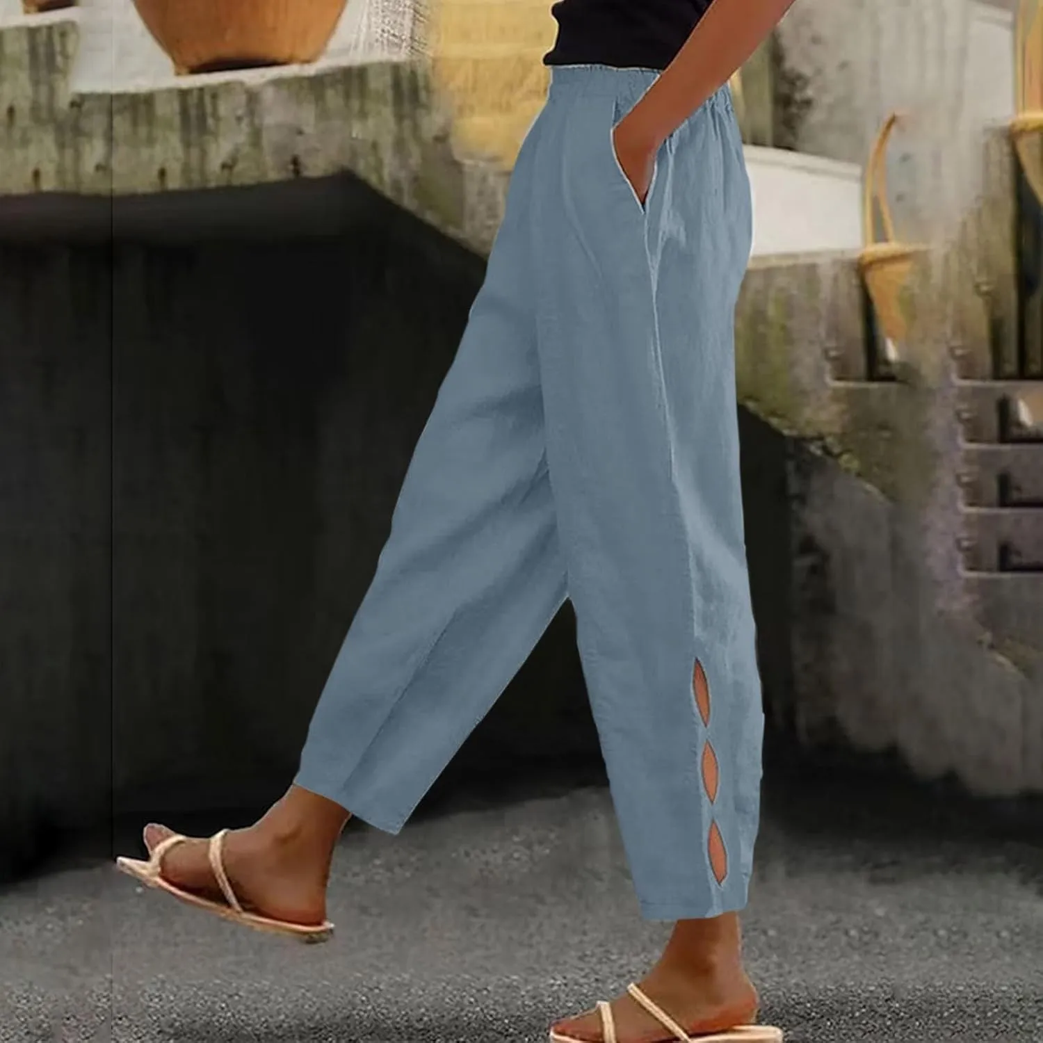 Women's Trendy Linen Pants Summer Casual Loose Elastic Waist Lounge Pants Hollow Out Yoga Beach Trousers with Pockets