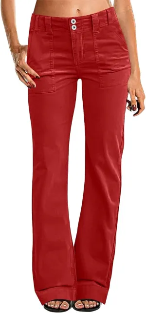 Womens Twill Wide Leg Pants Stretch Casual High Waisted Bootcut Chino Pants Baggy Flare Dress Pants with Pockets