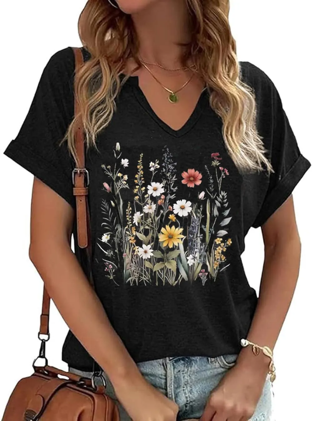 Womens Vintage Flowers V Neck Printed Shirt Funny Boho Flower Graphic Tee Casual Wildflower Botanical Short Sleeve